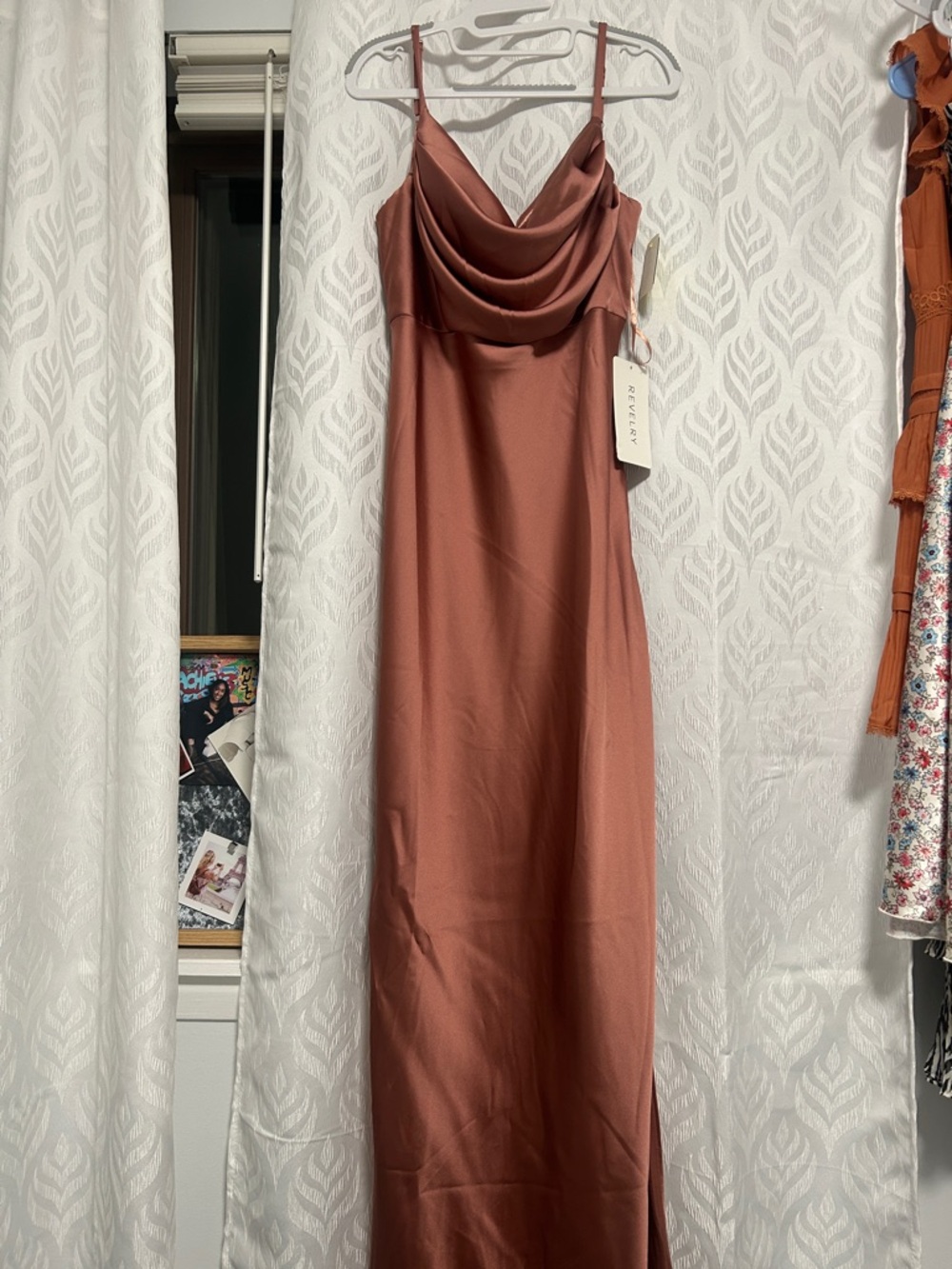 Revelry Copper Rust Satin Cowl-Neck Maxi Dress